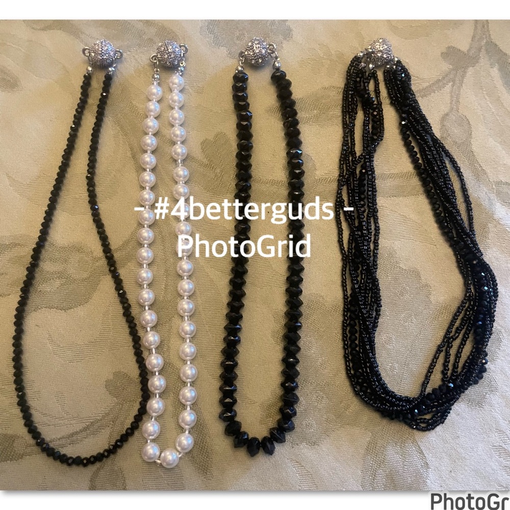 Bundle Set 4 Homemade Black Crystals & Pearl Rhinestone Magnetic Clasp Necklaces - Picture 7 of 15